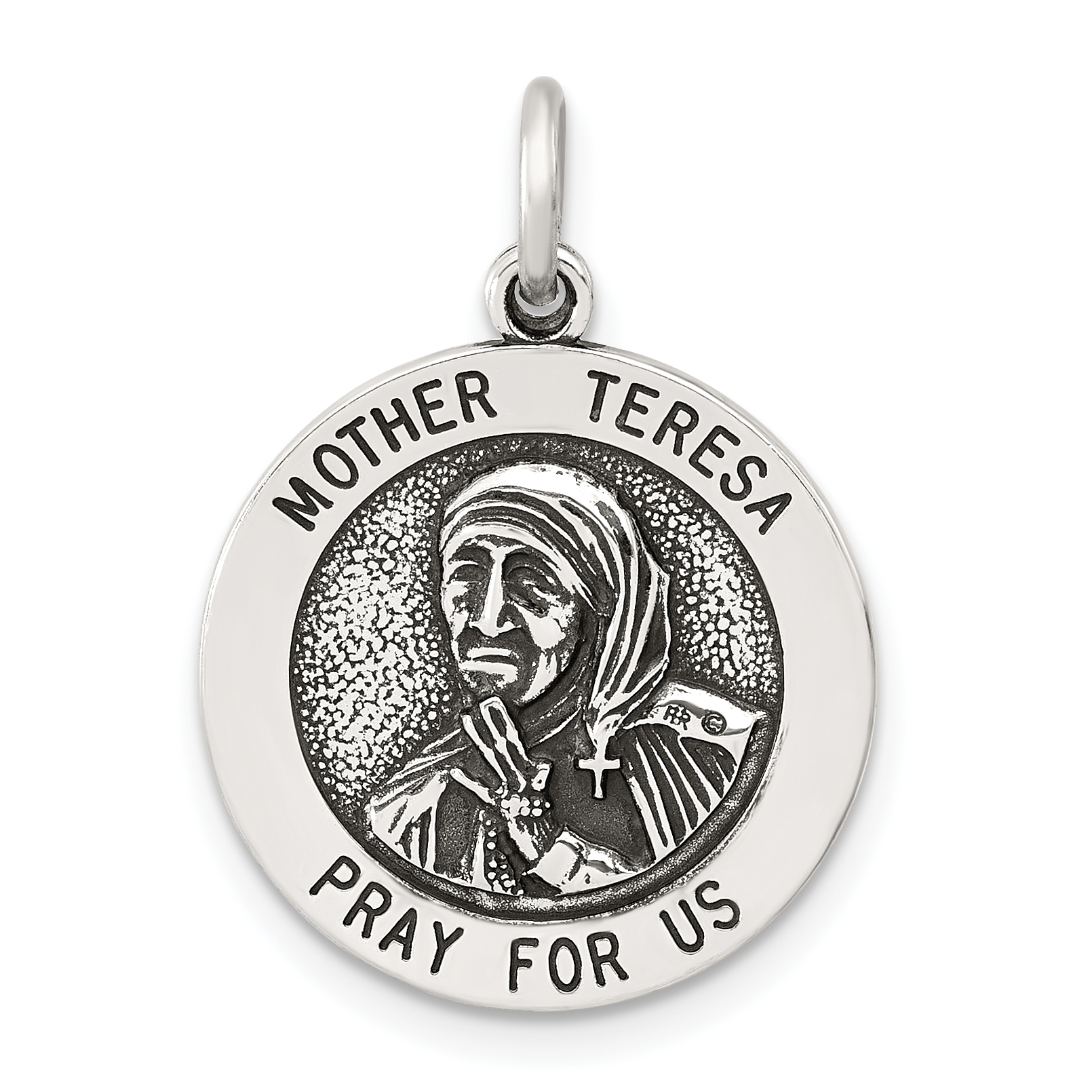 Sterling Silver Antiqued Solid Mother Teresa Medal (QC11473)