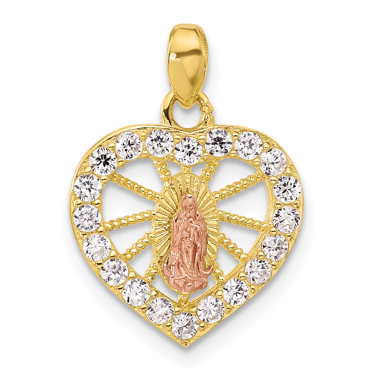SS Gold and Rose-tone CZ Our Lady of Guadalupe Heart Pendant (QC11475)
