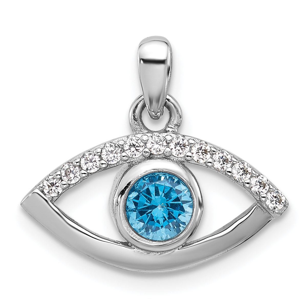 Sterling Silver Rhodium-plated Blue Zircon and CZ Evil Eye Pendant (QC11479)