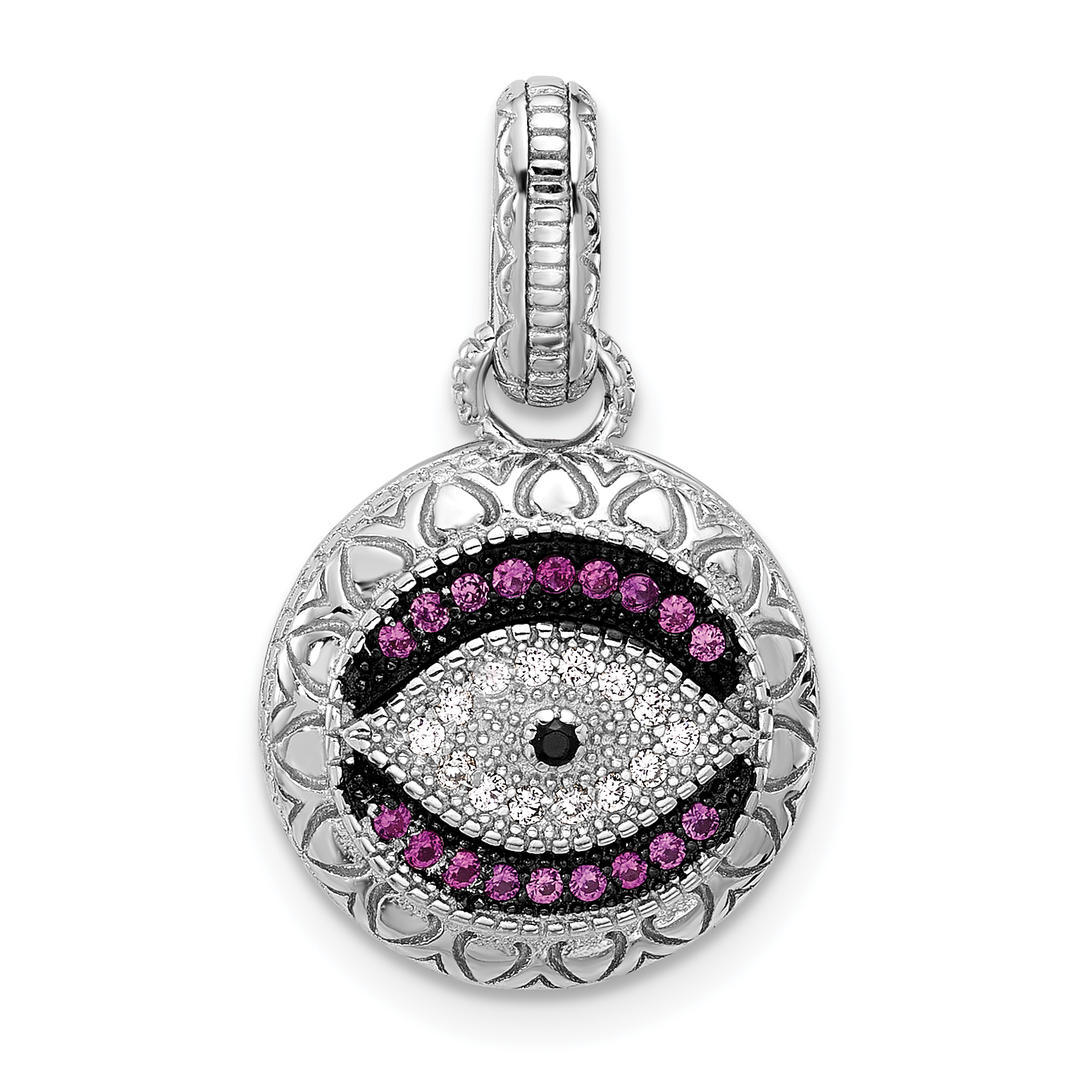 SS Rh and Black Rh-plated CZ and .18Lab Cr. Ruby Evil Eye Pendant (QC11481)