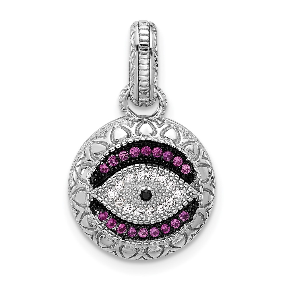 SS Rh and Black Rh-plated CZ and .18Lab Cr. Ruby Evil Eye Pendant (QC11481)