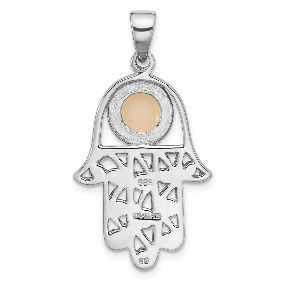 Sterling Silver Rhodium-Plated Polished Mother of Pearl Hamsa Pendant (QC11486)