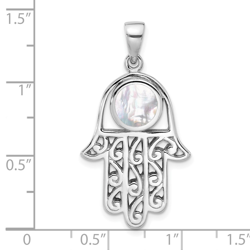 Sterling Silver Rhodium-Plated Polished Mother of Pearl Hamsa Pendant (QC11486)
