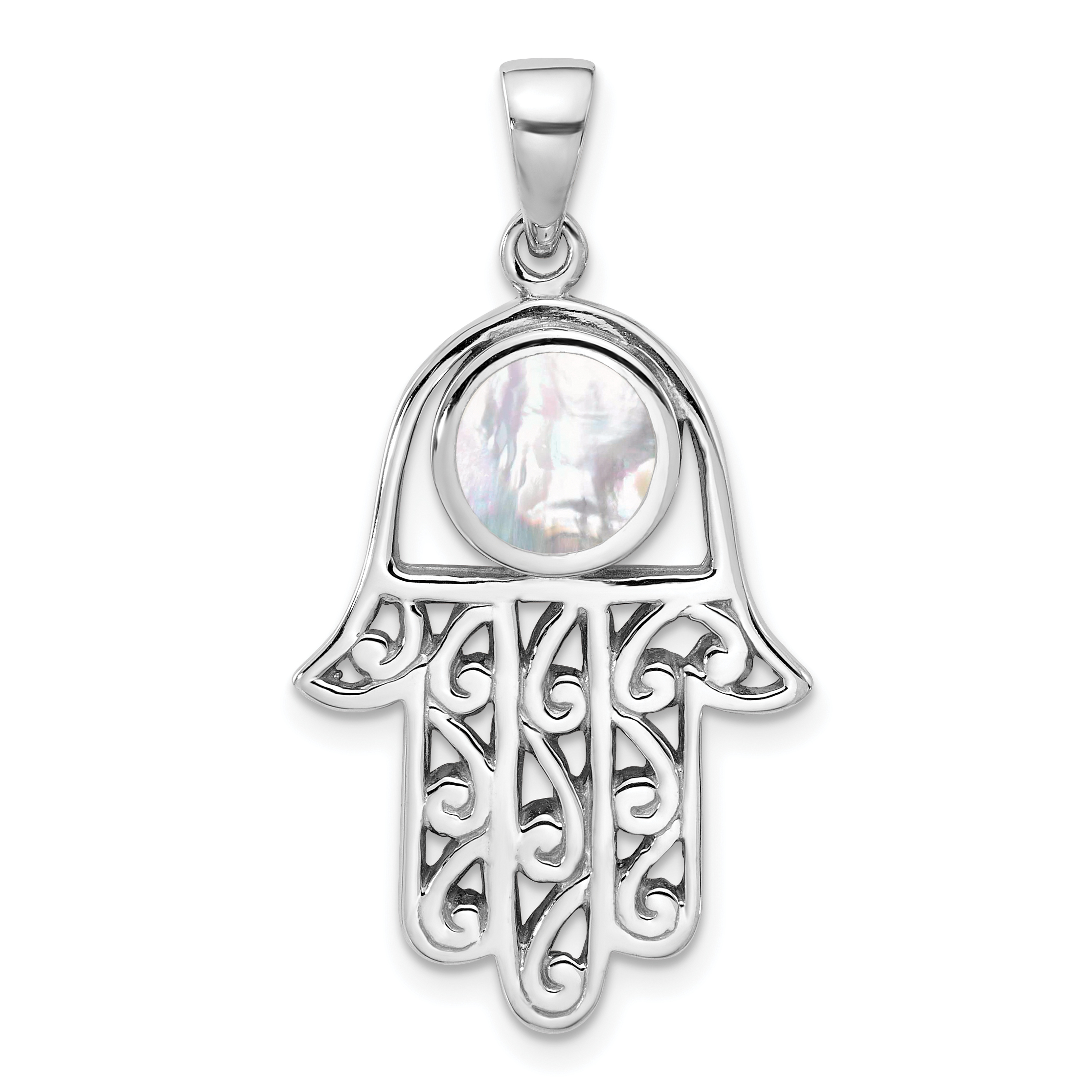 Sterling Silver Rhodium-Plated Polished Mother of Pearl Hamsa Pendant (QC11486)