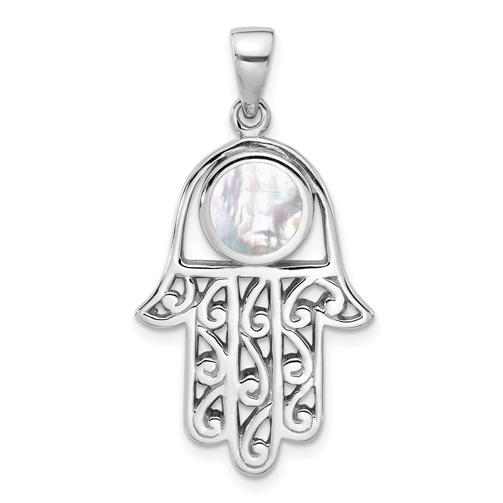 Sterling Silver Rhodium-Plated Polished Mother of Pearl Hamsa Pendant (QC11486)