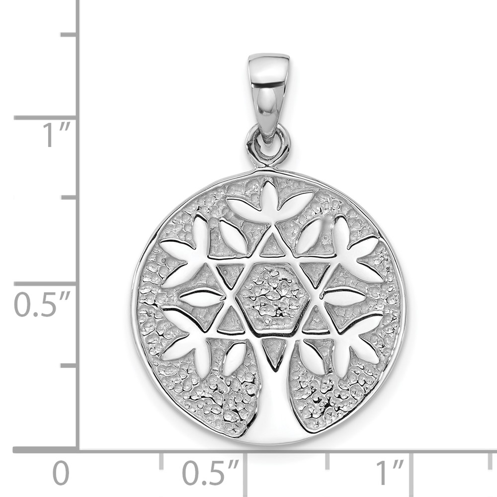 Sterling Silver Rhodium-Plated Polished Star of David in Tree Round Pendant (QC11487)