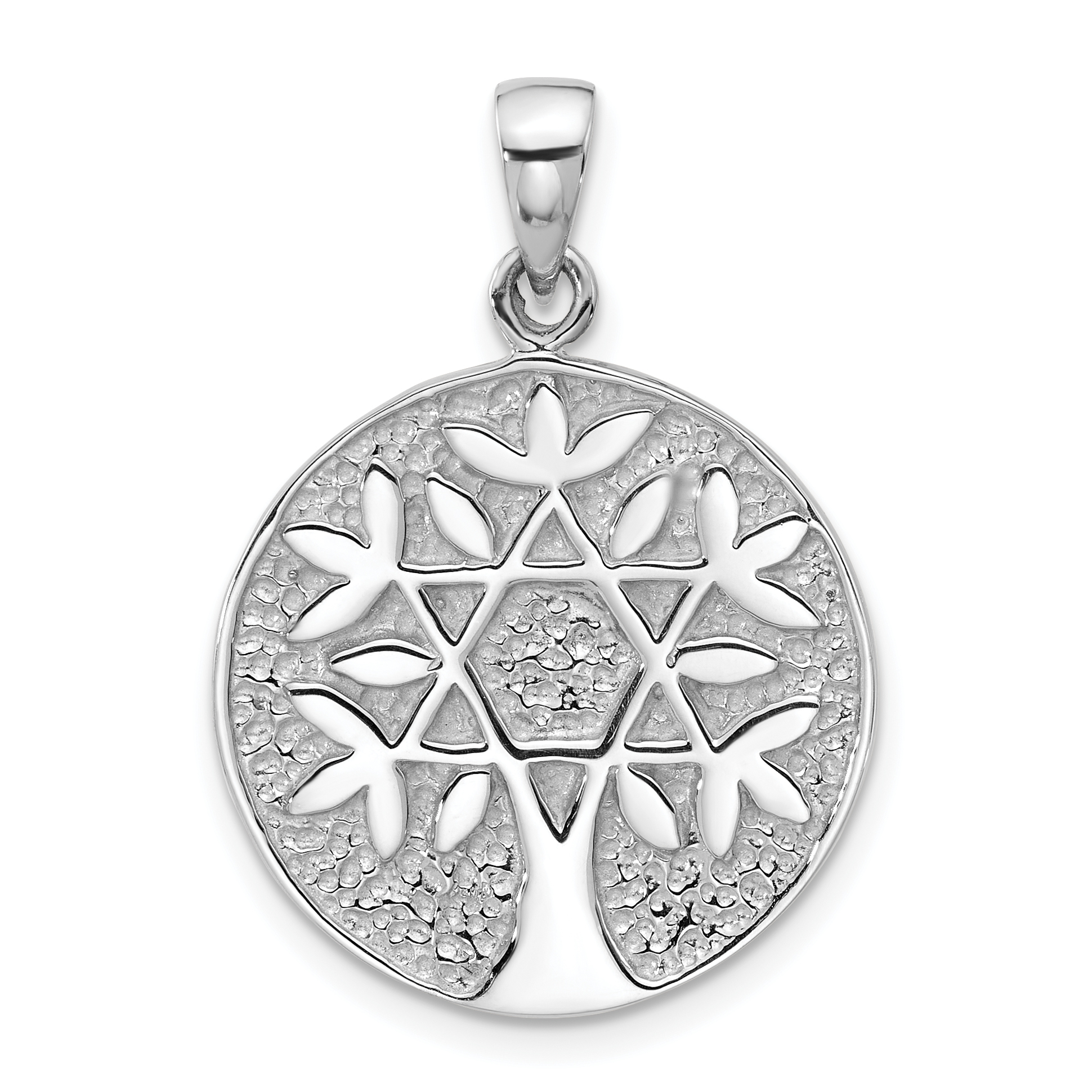 Sterling Silver Rhodium-Plated Polished Star of David in Tree Round Pendant (QC11487)