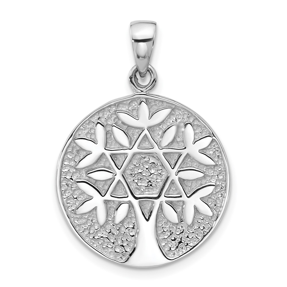Sterling Silver Rhodium-Plated Polished Star of David in Tree Round Pendant (QC11487)