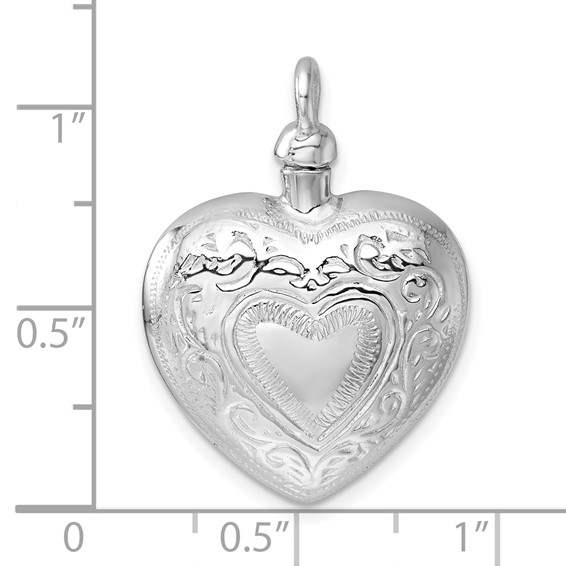 Sterling Silver Rhodium-plated Heart with Center Heart Design Ash Holder Pendant