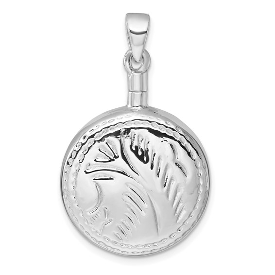 Sterling Silver Rhodium-plated Polished with Leaf Design Round Ash Holder Pendant