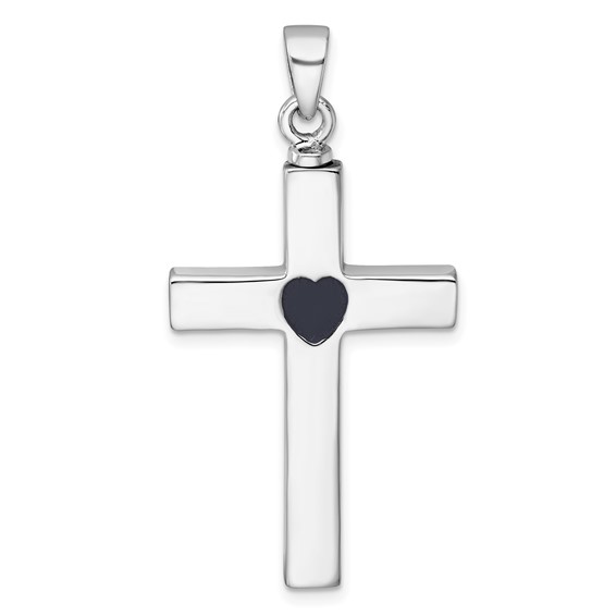 Sterling Silver Rhodium-plated Polished Latin Cross with Enameled Heart Ash Holder Pendant