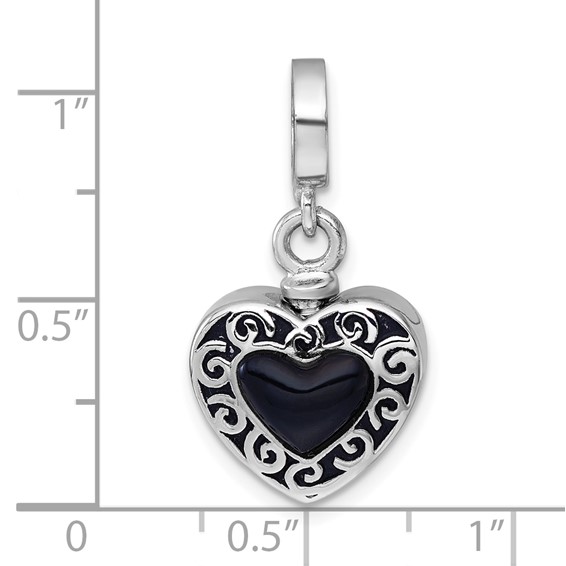 Sterling Silver Rhodium-plated Onyx Enameled Heart Ash Holder Bead/Pendant