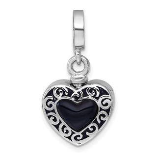 Sterling Silver Rhodium-plated Onyx Enameled Heart Ash Holder Bead/Pendant