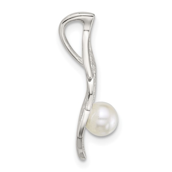 Sterling Silver Polished CZ and Acrylic Pearl on Leaf Chain Slide Pendant