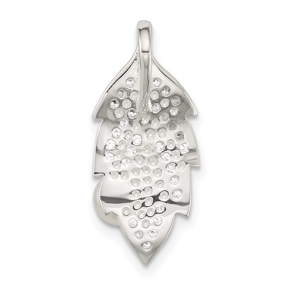 Sterling Silver Polished CZ and Acrylic Pearl on Leaf Chain Slide Pendant