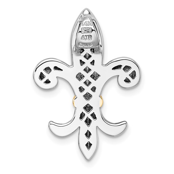 Sterling Silver Rhodium-plated with 14k Accent Polished CZ Fleur De Lis Chain Slide Pendant