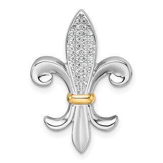 Sterling Silver Rhodium-plated with 14k Accent Polished CZ Fleur De Lis Chain Slide Pendant