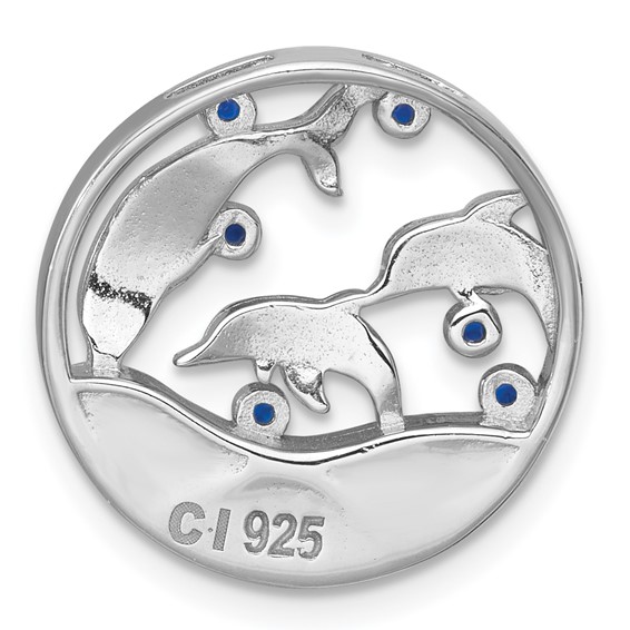Sterling Silver Rhodium-plated Polished Larimar and Blue CZ Dolphins Chain Slide Pendant