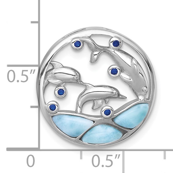 Sterling Silver Rhodium-plated Polished Larimar and Blue CZ Dolphins Chain Slide Pendant