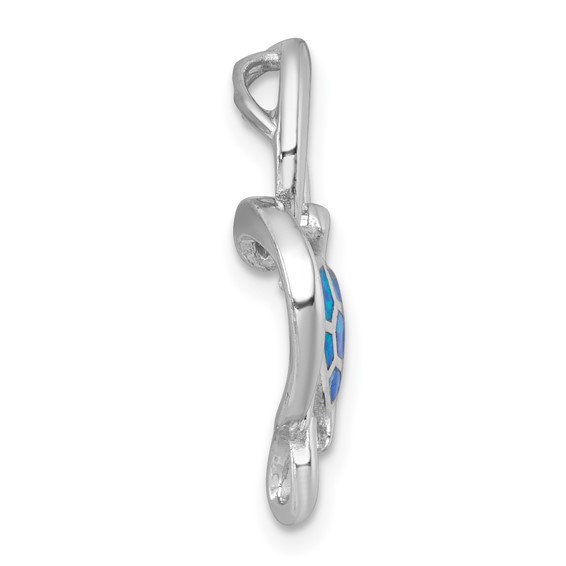 Sterling Silver Rhodium-plated Polished Blue Lab Created Opal Turtle Open Heart Chain Slide Pendant