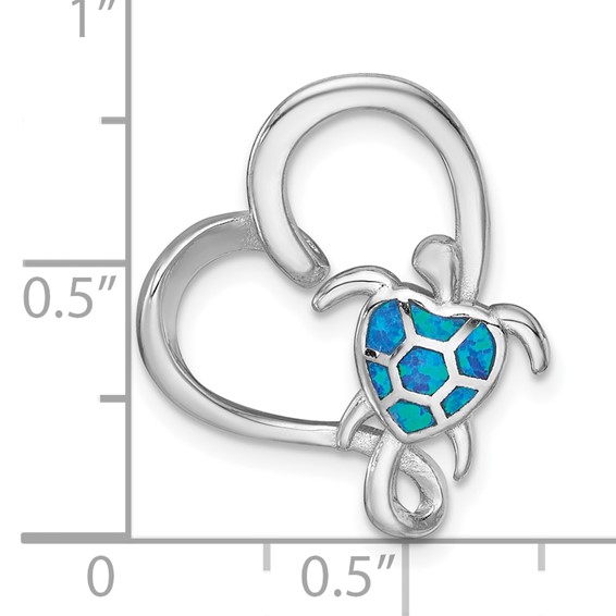 Sterling Silver Rhodium-plated Polished Blue Lab Created Opal Turtle Open Heart Chain Slide Pendant