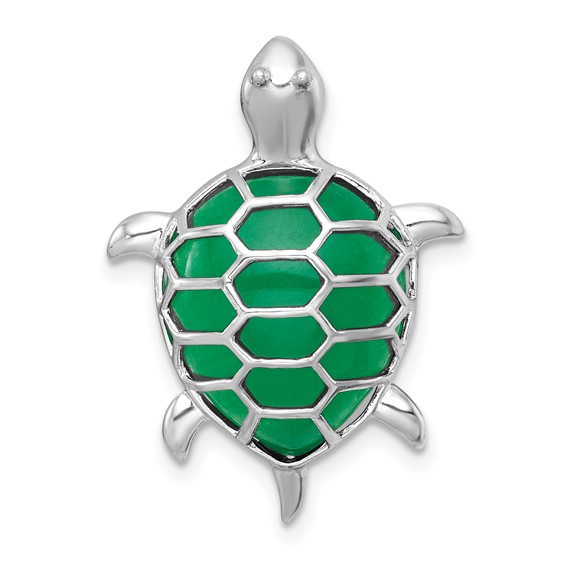 Sterling Silver Rhodium-plated Polished Dyed Jade Quartz Turtle Chain Slide Pendant