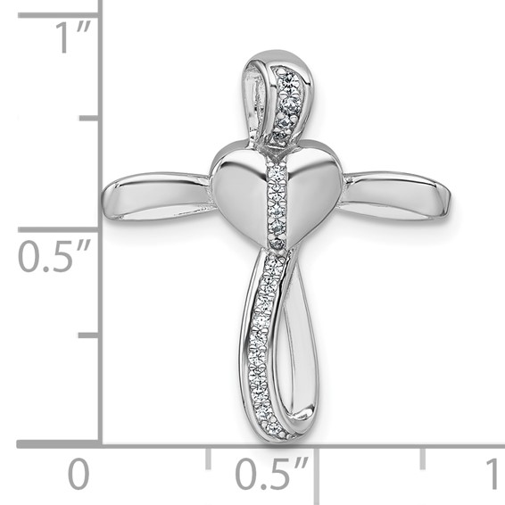 Sterling Silver Rhodium-plated Polished CZ Heart Cross Chain Slide Pendant