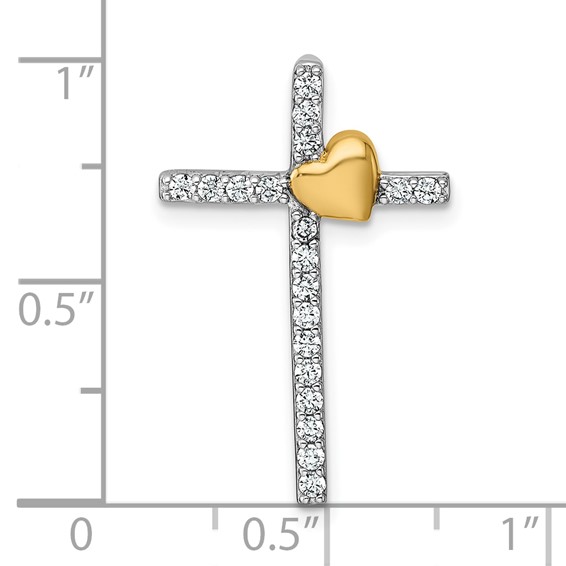 Sterling Silver Rhodium-plated with Gold-plated Heart Polished CZ Cross Chain Slide Pendant