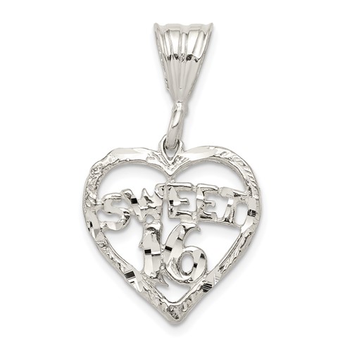 Sterling Silver Diamond-cut Sweet 16 Heart Charm