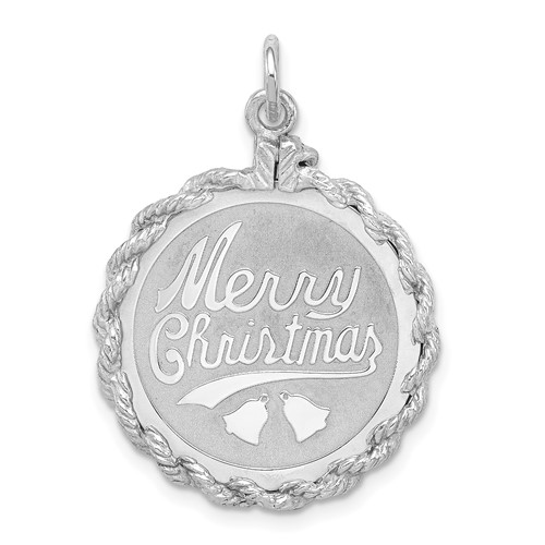 Sterling Silver Rhodium-plated Merry Christmas Rope-Edge Engravable 22mm Round Disc Charm