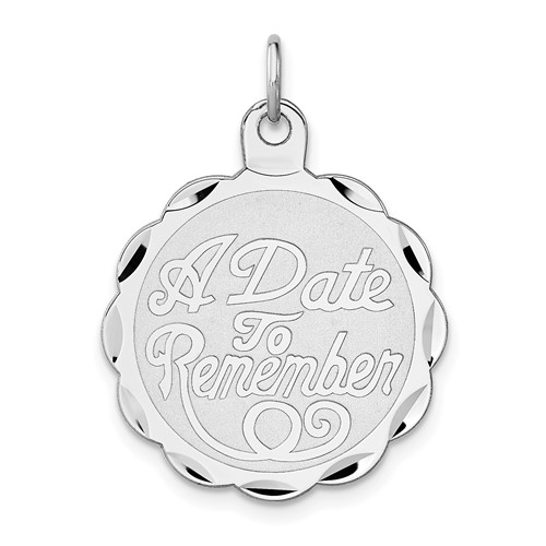 Sterling Silver Rhodium-plated a Date to Remember Engravable 22mm Round Disc Charm