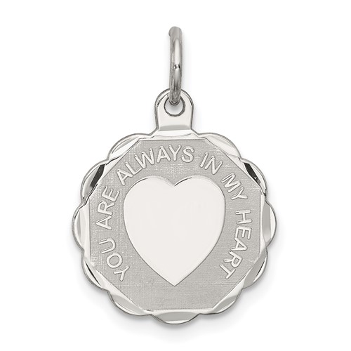 Sterling Silver Rhodium-plated You Are Always in MY Heart Engravable 16mm Disc Charm