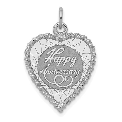 Sterling Silver Rhodium-plated Polished Front Satin Back Happy Anniversary Engravable 19mm Heart Disc Charm