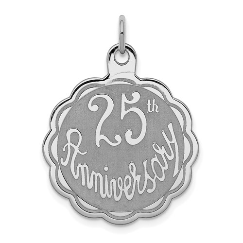 Sterling Silver Rhodium-plated 25TH Anniversary Engravable 23mm Scalloped Disc Charm