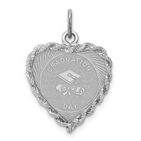 Sterling Silver Rhodium-plated Graduation Cap and Diploma Rope-Edge Engravable 16mm Heart Disc Charm view 1