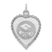 Sterling Silver Rhodium-plated Graduation Cap and Diploma Rope-Edge Engravable 18mm Heart Disc Charm view 1