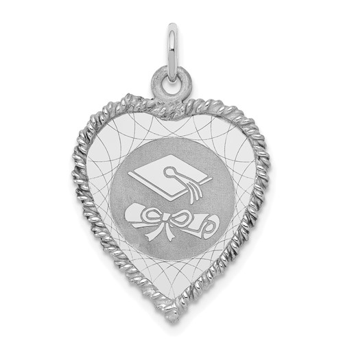 Sterling Silver Rhodium-plated Graduation Cap and Diploma Rope-Edge Engravable 18mm Heart Disc Charm