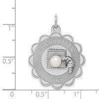 Sterling Silver Rhodium-plated Graduation Day Charm with Freshwater Cultured Pearl Engravable 23mm Round Disc view 4