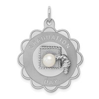 Sterling Silver Rhodium-plated Graduation Day Charm with Freshwater Cultured Pearl Engravable 23mm Round Disc view 1