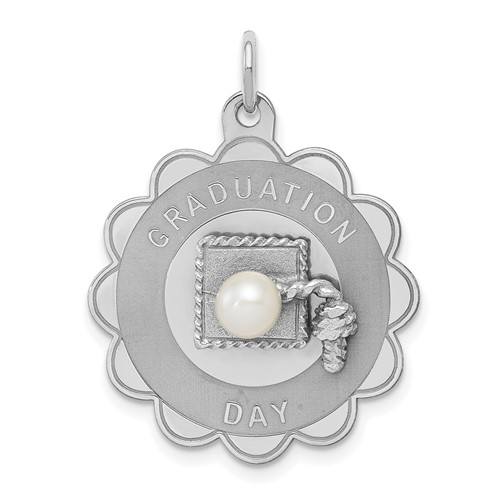 Sterling Silver Rhodium Graduation Day Disc Charm with FW Cultured Pearl