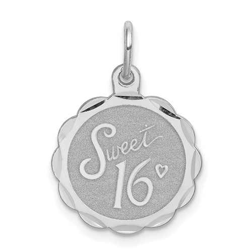 Sterling Silver Rhodium-plated Sweet 16 Engravable 16mm Round Disc Charm