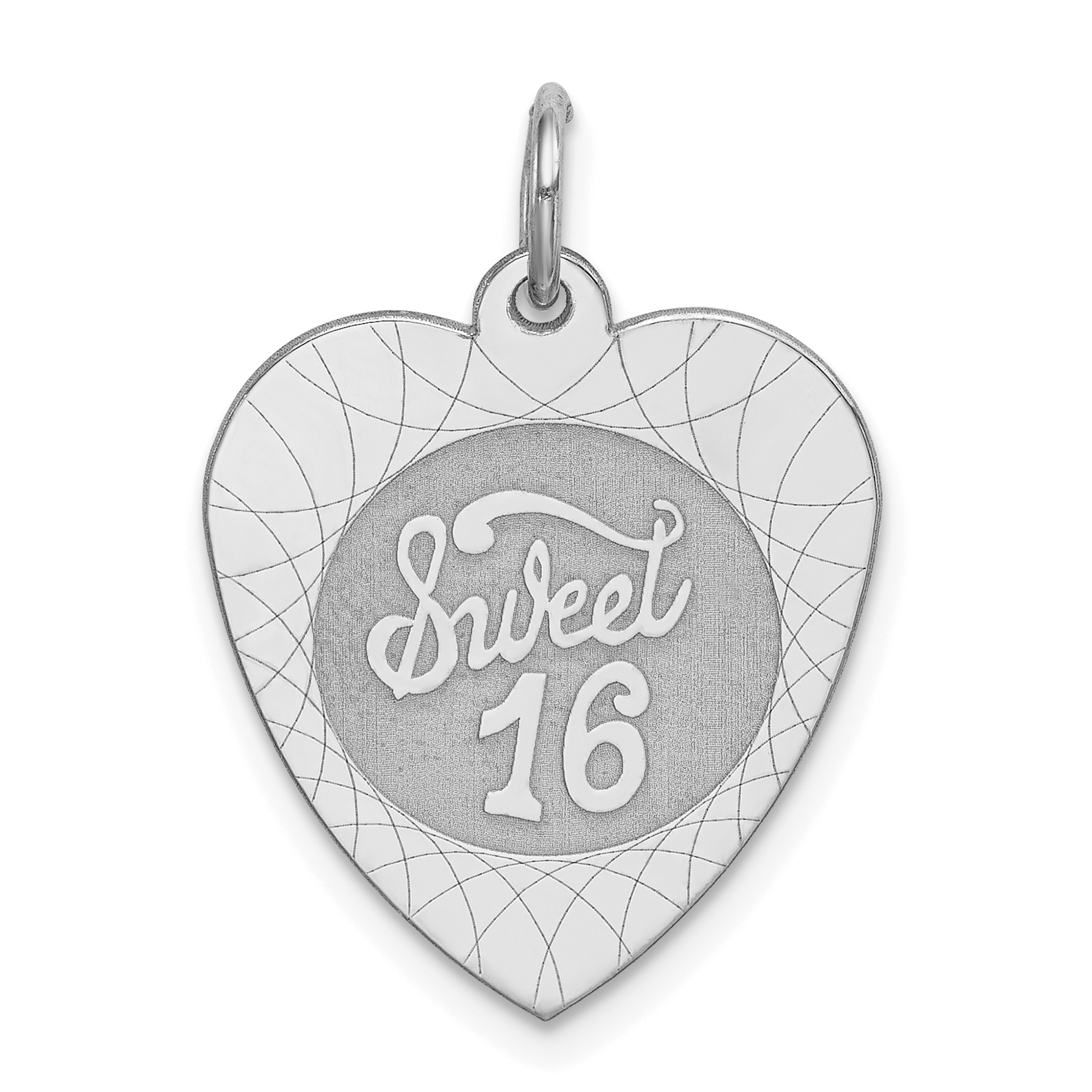 Sterling Silver Rhodium-plated Sweet Sixteen Heart Disc Charm (QC2461)