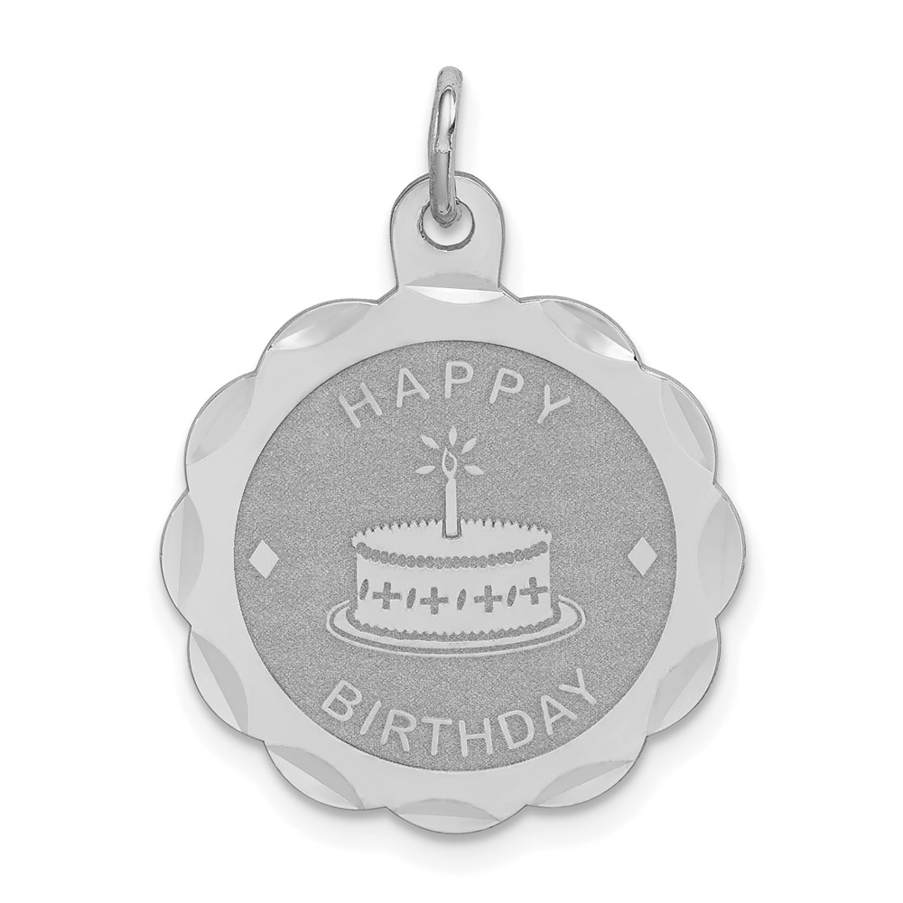 Sterling Silver Rhodium-plated Happy Birthday Charm with Cake Engravable 19mm Round Disc