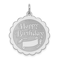 Sterling Silver Rhodium-plated Happy Birthday Charm with Banner Engravable 24mm Round Disc view 1