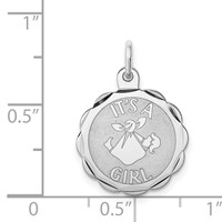 Sterling Silver Rhodium-plated Polished Front Satin Back Its a Girl Engravable 16mm Scalloped Disc Charm view 3