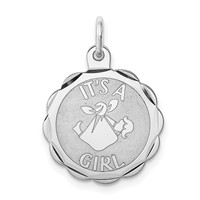 Sterling Silver Rhodium-plated Polished Front Satin Back Its a Girl Engravable 16mm Scalloped Disc Charm view 1