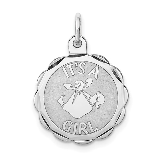 Sterling Silver Rhodium-plated Polished Front Satin Back Its a Girl Engravable 16mm Scalloped Disc Charm