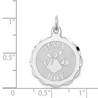 Sterling Silver Rhodium-plated Polished Front Satin Back Its a Boy Engravable 20mm Scalloped Disc Charm view 4