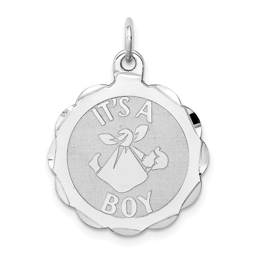 Sterling Silver Rhodium-plated Polished Front Satin Back Its a Boy Engravable 20mm Scalloped Disc Charm