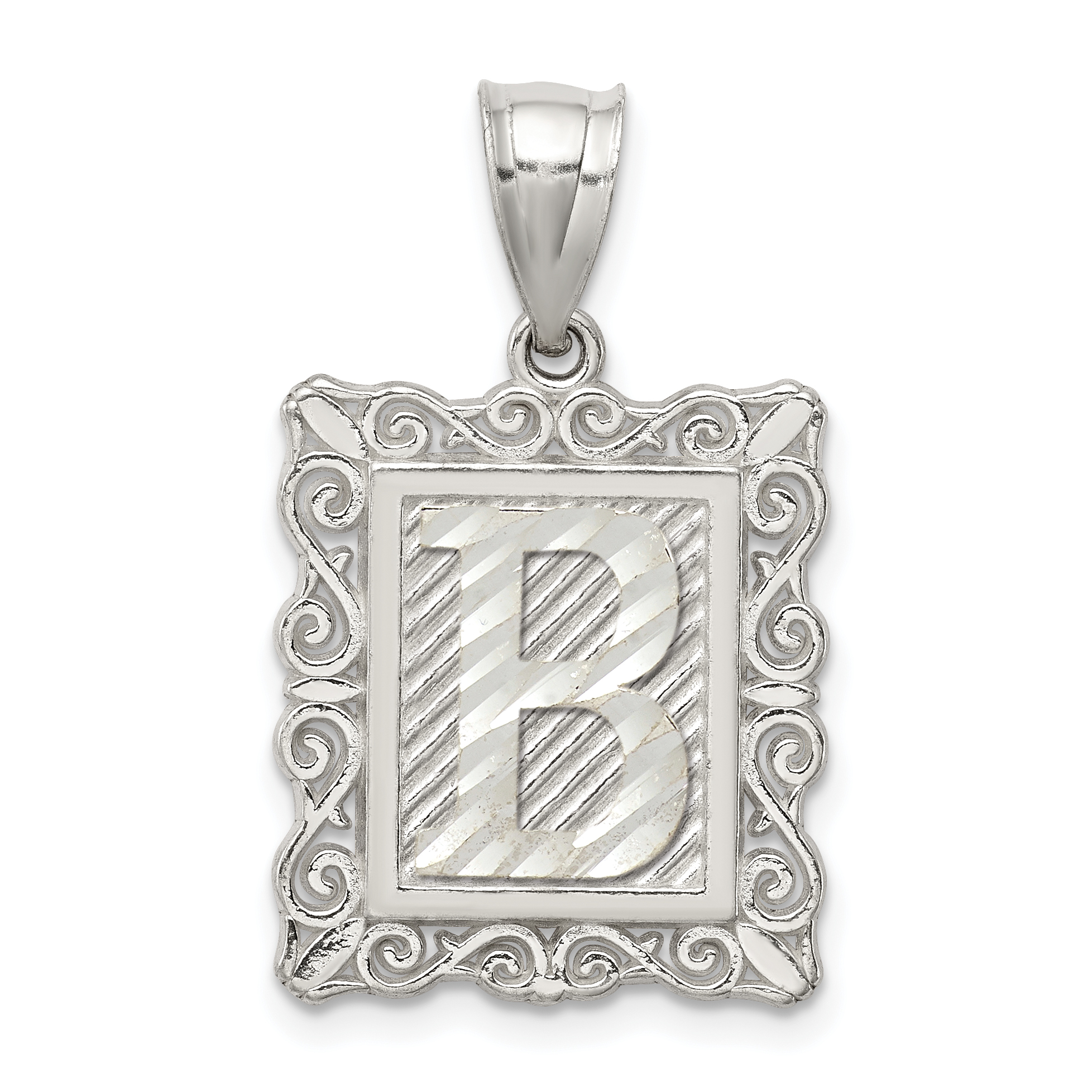 Sterling Silver Square Diamond-cut Letter B Initial Pendant (QC2770B)